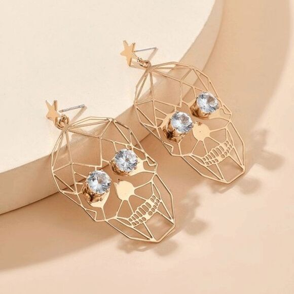 GOLD DIAMOND SKULL DANGLE EARRINGS - Picture 5 of 5